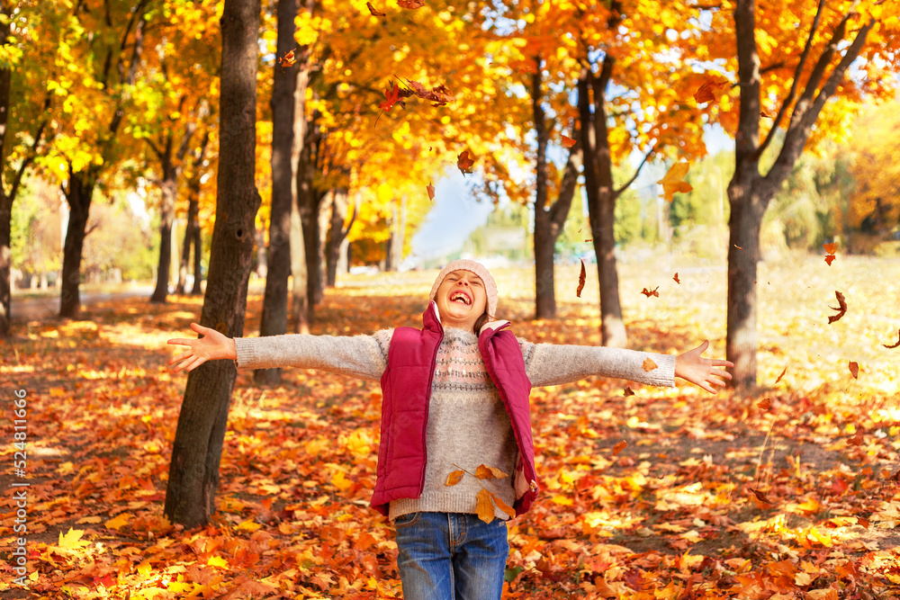 happy child girl throws autumn leaves and laughs outdoors happy child girl throws autumn leaves and laughs outdoors