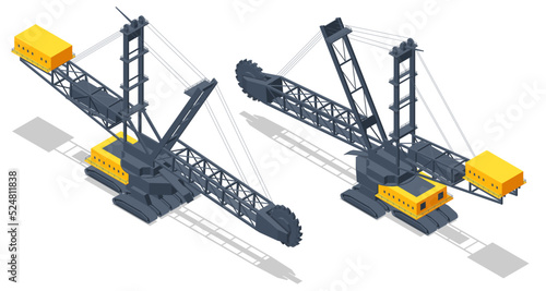 Isometric Bucket-wheel excavator. BWE, continuous digging machine in large-scale open-pit mining operations, removing thousands of tons of overburden. Bucket-wheel excavator mining lignite