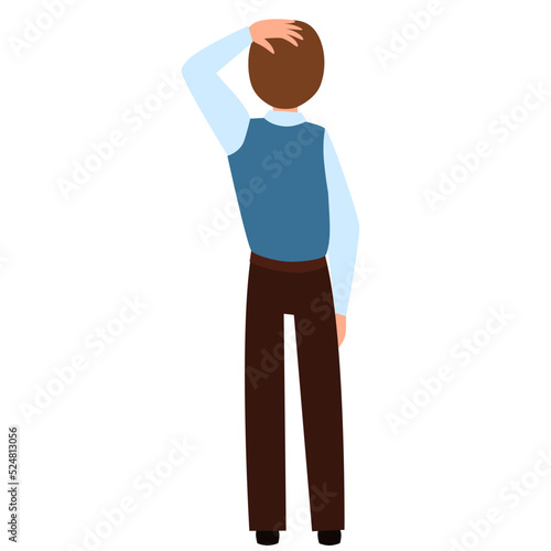 man thinks holding her head. View from the back. Flat character vector illustration