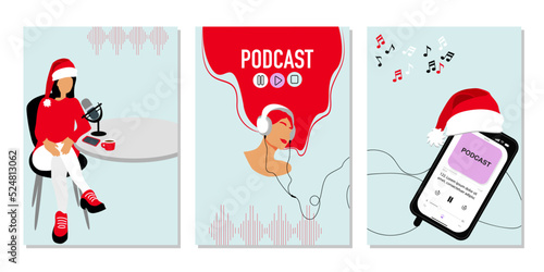 Podcast Concept Merry Christmas New Year Card. Top view Smartphone with an Application for listening podcasts on screen, Woman with Headphones Listening Music Podcast, Podcaster Speaking Mic 