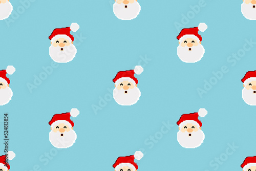 Colorful background of Christmas pattern made with Pixel Art. Funny Christmas wallpaper of Santa Claus, candy, gift boxes, christmas tree and bells.