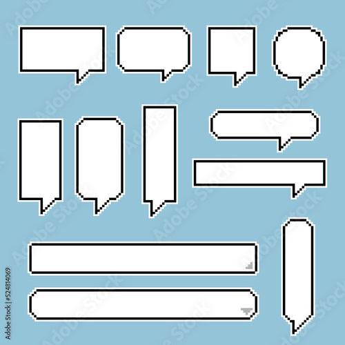 collection set of retro game 8 bit pixel speech bubble balloon, text box banner, black and white color, flat design vector illustration