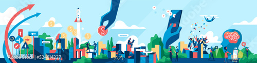 Città che evolve verso il progresso e il futuro. Persone della società che vivono tra economia, tecnologia e innovazione.
