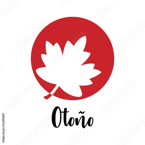 Logotipo con texto manuscrito Otoño en español con silueta de hoja de arce en espacio negativo en círculo de color rojo