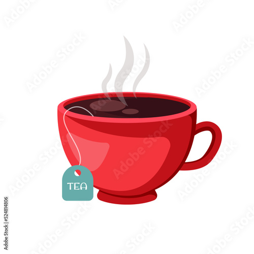 A red cup with black tea and a tea bag inside. Tea time. Hot black tea Vector