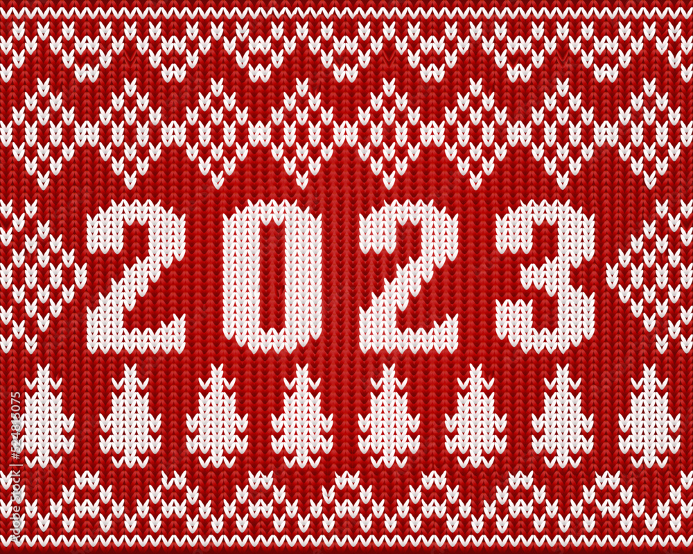 happy 2023 New year knitted card with xmas tree, vector illustration happy 2023 New year knitted card with xmas tree, vector illustration