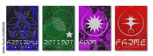 Abstract bright posters with graphics and grunge texture. In techno style, a set of trendy retro posters. Isolated on black background