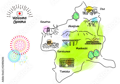 手描きの群馬県の観光地のシンプル線画イラストマップ