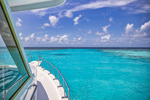 Amazing view from boat over clear sea water lagoon. Luxury travel, tropical blue turquoise Mediterranean panoramic seascape luxury white sailboat yacht. Beautiful exotic summer vacation leisure cruise © icemanphotos