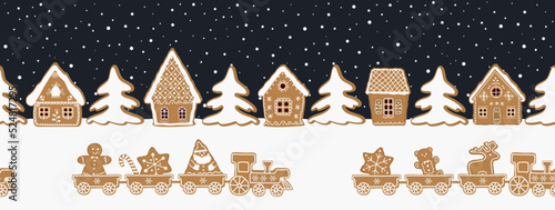 Christmas background. Seamless border. Gingerbread trains with sweets on dark blue background. Gingerbread houses and fir trees here. Vector illustration