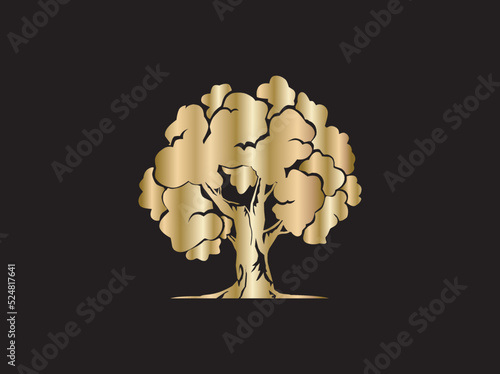 golden oak tree vector on black background. good for logo and print on metal.