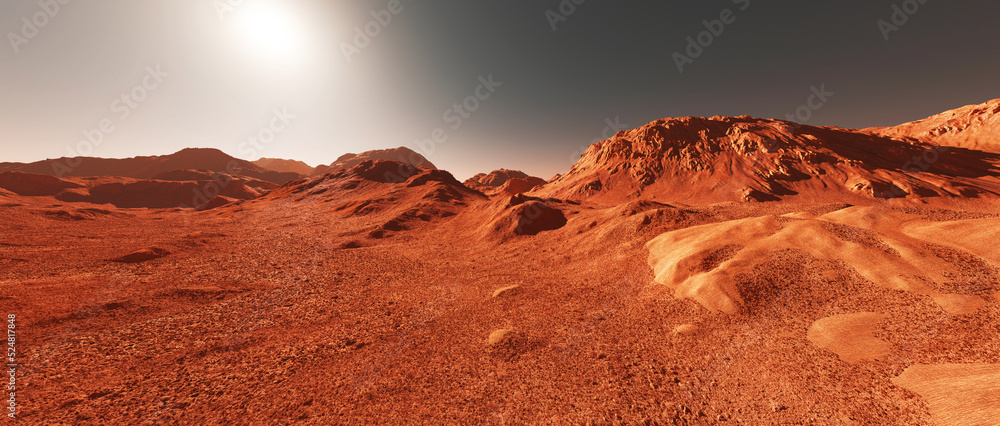 Mars planet landscape, 3d render of imaginary mars planet terrain, orange eroded desert with mountains and sun, realistic science fiction illustration.
 - obrazy, fototapety, plakaty 