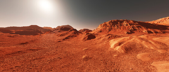 Crédence de cuisine Rouge Mars planet landscape, 3d render of imaginary mars planet terrain, orange eroded desert with mountains and sun, realistic science fiction illustration.   © Cobalt