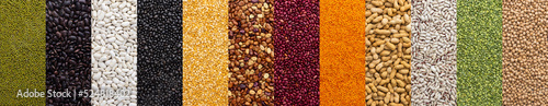 Banner of different types of legumes , chickpeas and peas, colorful beans and lentils, mung beans and peanuts, top view