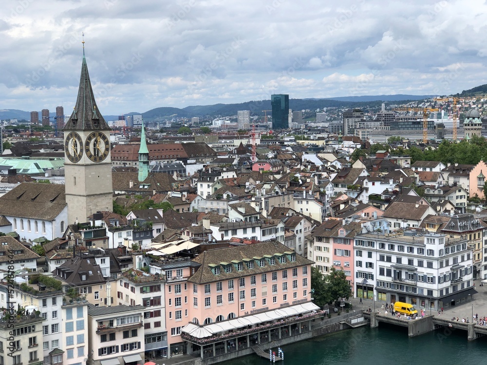 Zurich Panoramic view, Switzerland. Cityscape with top landmarks. Most beautiful Swiss cityscape photos and top Switzerland tourist attractions and destinations