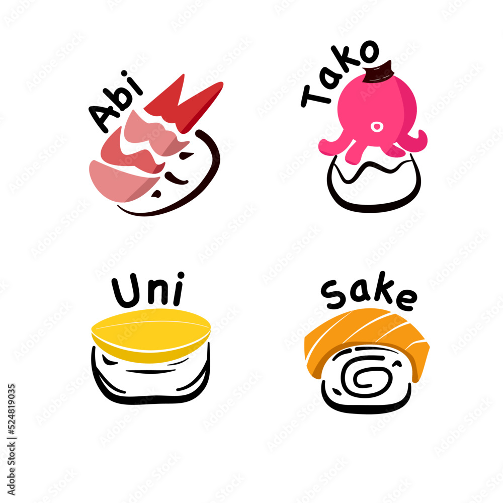 Set of icons / Sushi best seller set icon or logo (salmon,uni,shrimp,squid) / Japan sushi name are abi,tako,sake 