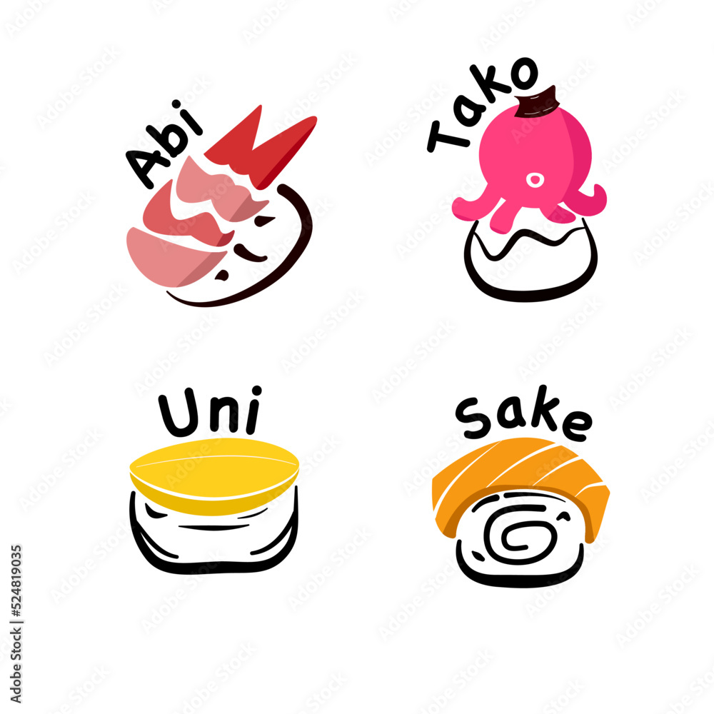 Set of icons / Sushi best seller set icon or logo (salmon,uni,shrimp,squid) / Japan sushi name are abi,tako,sake Set of icons / Sushi best seller set icon or logo (salmon,uni,shrimp,squid) / Japan sushi name are abi,tako,sake