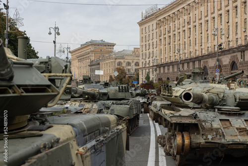Ukraine's Independence Day. Burnt and destroyed Russian tanks in the center of Kyiv on the Maidan