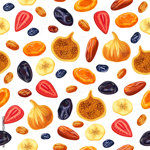 Seamless pattern with dried fruits isolated on white background. Vector illustration of dried fruits raisins, strawberries, figs, prunes, banana, dates,dried apricots