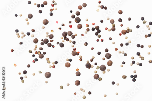 Several types of peppercorns. Isolated on white background. View from above. Top view.