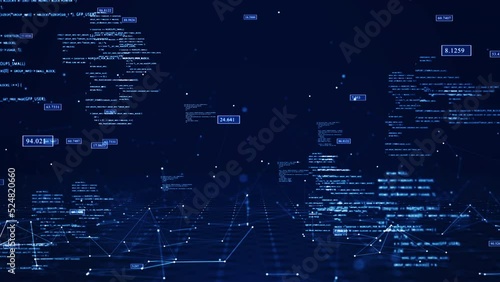 Cybersecurity digital information technology concept. Slow moving polygon binary code connected on dark blue background.