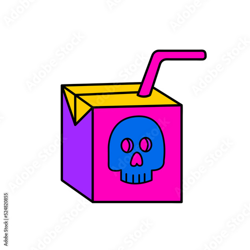 Psychedelic trippy vector doodle illustration juice box with skull. Crazy hallucination print. Psychedelic sticker. Trippy 70s