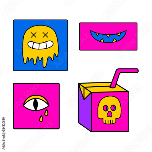 Psychedelic trippy smile, eye, juice box. Vector doodle hallucination illustrations. Psychedelic stickers. Trippy 70s