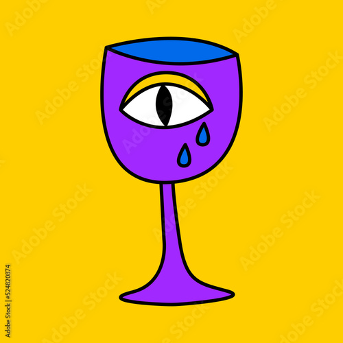 Psychedelic trippy glass with eye vector doodle illustration. Crazy hallucination print. Psychedelic sticker. Trippy 70s