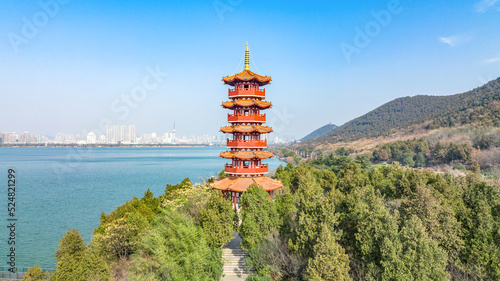 Aerial photography of Sugong Tower Scenic Area, Yunlong Lake, Xuzhou City, Jiangsu Province, China photo