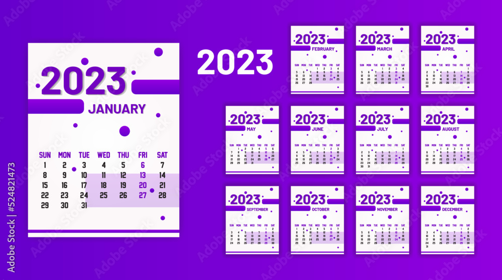 Yearly Calendar 2023 Print Ready Eps Vector Template, 12 Months Calendar. Yearly Calendar 2023 Print Ready Eps Vector Template, 12 Months Calendar.