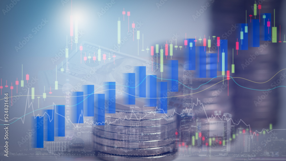 Double exposure of graph and rows of coins for finance, saving, banking, business concept. Double exposure of graph and rows of coins for finance, saving, banking, business concept.