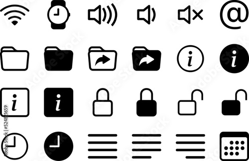 Set of 24 icons in linear style. Black and white isolated vectors. Wi-fi, watch, sound signs, folders, emblems of information, lock, unlock pictograms, clocks, justify and calendar.