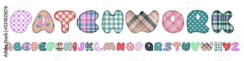 Patchwork hand drawn textile font. Cute textile font for scrapbook or collage design. Patchwork alphabet letters for your decoration with original patterns.