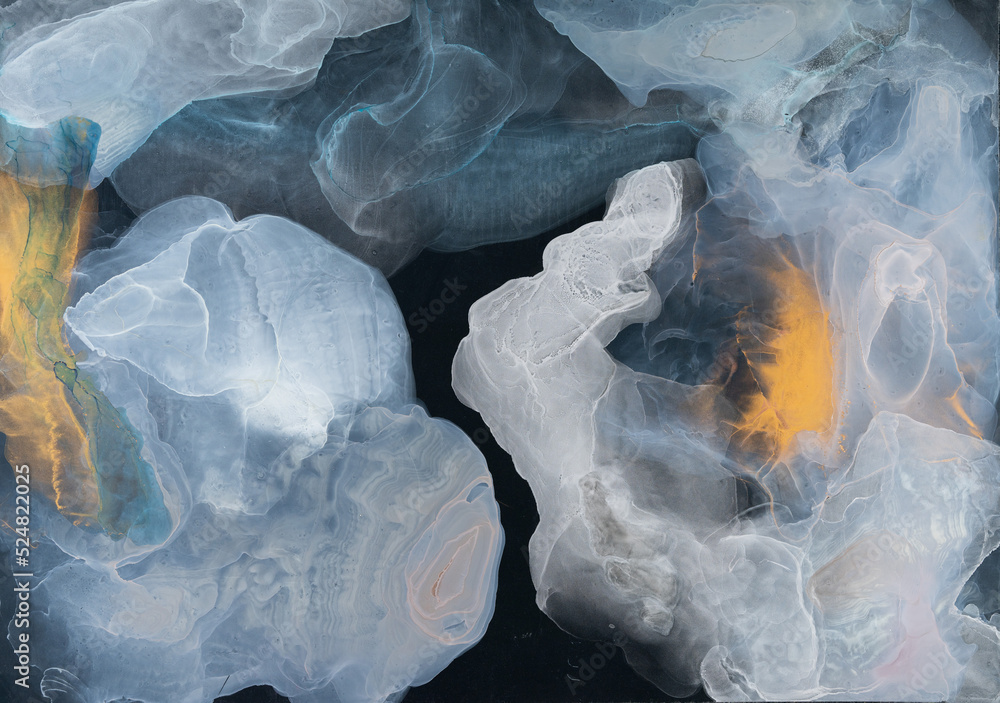 Fototapeta premium Alcohol ink on the black background. Style incorporates the swirls of marble or the ripples of agate. Painting can be used as a trendy background for wallpapers, posters, cards, invitations, websites.