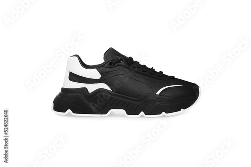 Black classic leather high sole sneakers for female women isolated on white background. Women's footwear, sports basketball laced shoe, running shoe with laces. Template