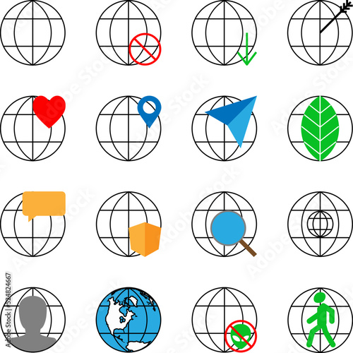 Set of 16 vector icons with a globe and a banning sign, arrows, heart, pointer, plane, leaf, tooltips, shield, magnifying glass, avatar, man alien etc