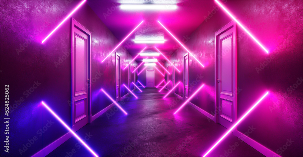 Fototapeta premium Neon light corridor fractal cyber punk wallpaper background concept. 3d rendering