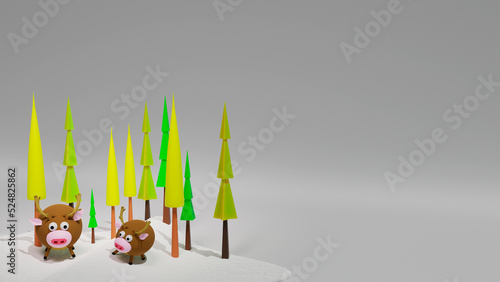 Christmas deer standing in the snow with Christmas trees. Deer near the trees on a white background. Free space for text. 3D render with deer for cards, banners and posters for Christmas and New Year.