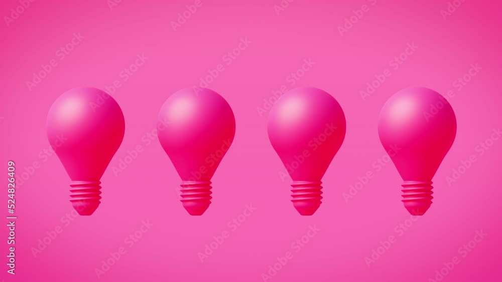 Stand out from the crowd and be the best in your life or work. 3d rendering with pink background and copy space of four pink light bulbs. One of them lights up and differs from the others. Stand out from the crowd and be the best in your life or work. 3d rendering with pink background and copy space of four pink light bulbs. One of them lights up and differs from the others.