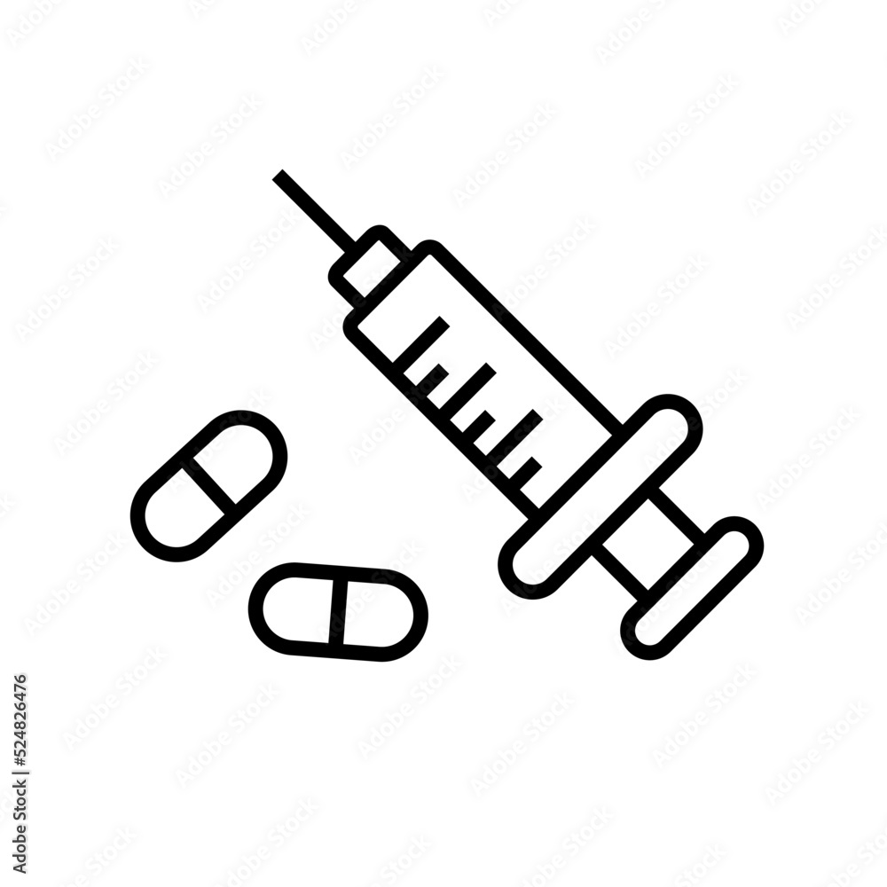 Syringe icon and capsule drug icon. Vector.