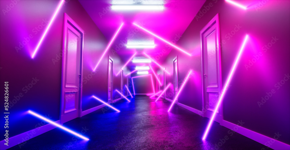 Fototapeta premium Neon light corridor fractal cyber punk wallpaper background concept. 3d rendering