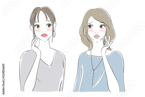 きれいな女性二人の表情パターン　悩む