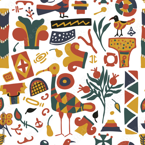 Modern folklore colorful seamless pattern. Hand drawn abstract contemporary illustration with birds, columns, flowers. Vector