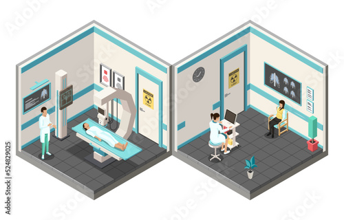 X-ray Machine And MRI Scanner for Scanning Human Body. Doctor Checking Examining Chest X-ray Film of Patient. Roentgen of Chest Bone. Medical Examination for Surgery. Isometric 3d Vector Illustration