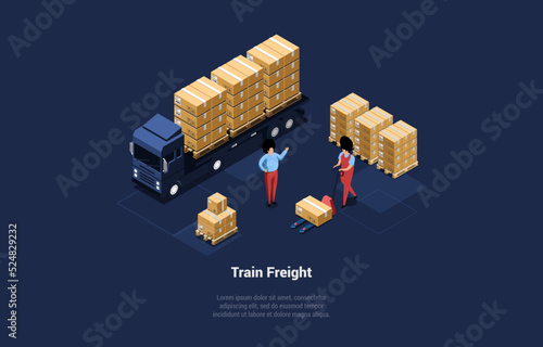 Concept Of Warehouse, Train Freight, Global Business. Storehouse Worker Loading Truck By Cardboard Boxes Using Pallet Jack. Manager Or Boss Controls Process. Isometric Cartoon 3D Vector Illustration