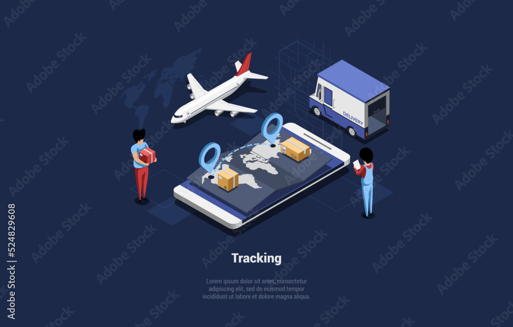 Concept Of GPS Tracking, Warehouse, Courier Delivery. Real Time Satellite GPS Tracking System With Smartphone, Truck, Airplane And Characters Sorting Parcels. Isometric 3d Cartoon Vector Illustration