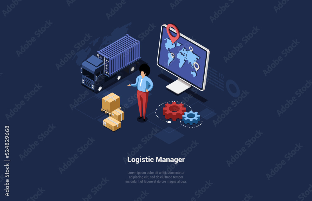 Concept Of World Logistics, Warehouse And Global Business. Logistic Manager Controls Timing Of Storage, Loading, Unloading Goods In Warehouse And Delivery On Time. Isometric 3D Vector Illustration