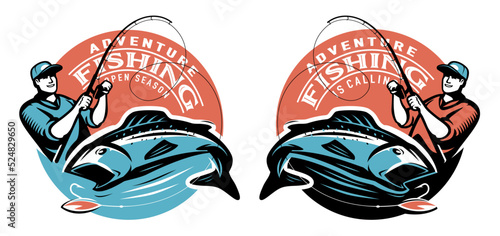 Fisherman caught big fish on spinning rod. Sport fishing, outdoor activities, rest at nature emblem. Vector illustration