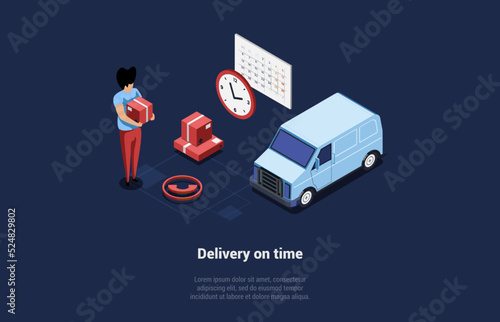 Concept In Time Delivery Goods And Gifts. Storehouse Worker Courier With Cardboard Box In Hands, Controls Timing Of Storage And Limely Delivery To Customers. Isometric Cartoon 3D Vector Illustration