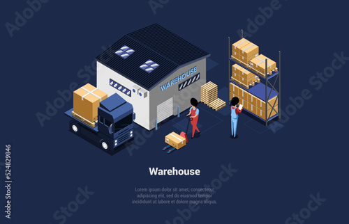 Concept Of Warehouse, Logistics, Management. Loading Truck Process. Worker Unloadning Cardboard Box Using Pallet Jack. Loading and Unloading Cargo Into Lorry. Isometric 3d Cartoon Vector Illustration